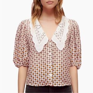 MAJE Cosange Embroidered Lace Collar Printed Linen Shirt medium luxury